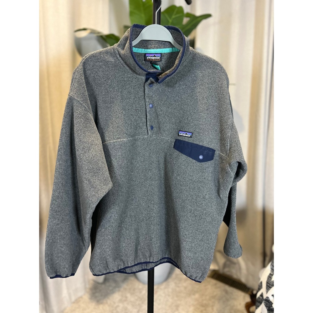 Patagonia Synchilla Snap-T Fleece Pullover Mens Large Gray Navy Blue 25450